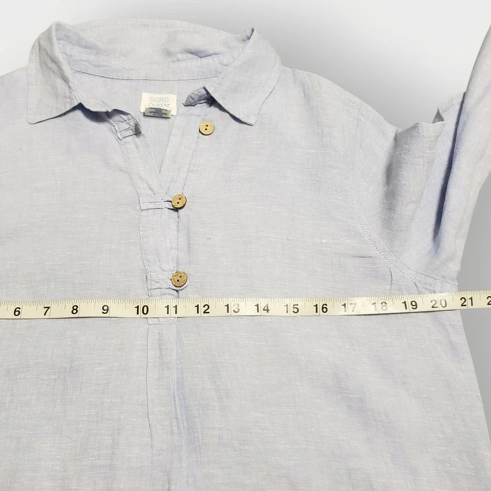Sigrid Olsen Womens Blue 100% Linen Henley Tunic Shirt Roll Tab Sleeve Small - Picture 8 of 11